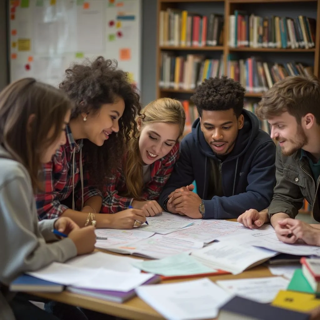 Grupo de estudio colaborando en un proyecto de investigación psicológica