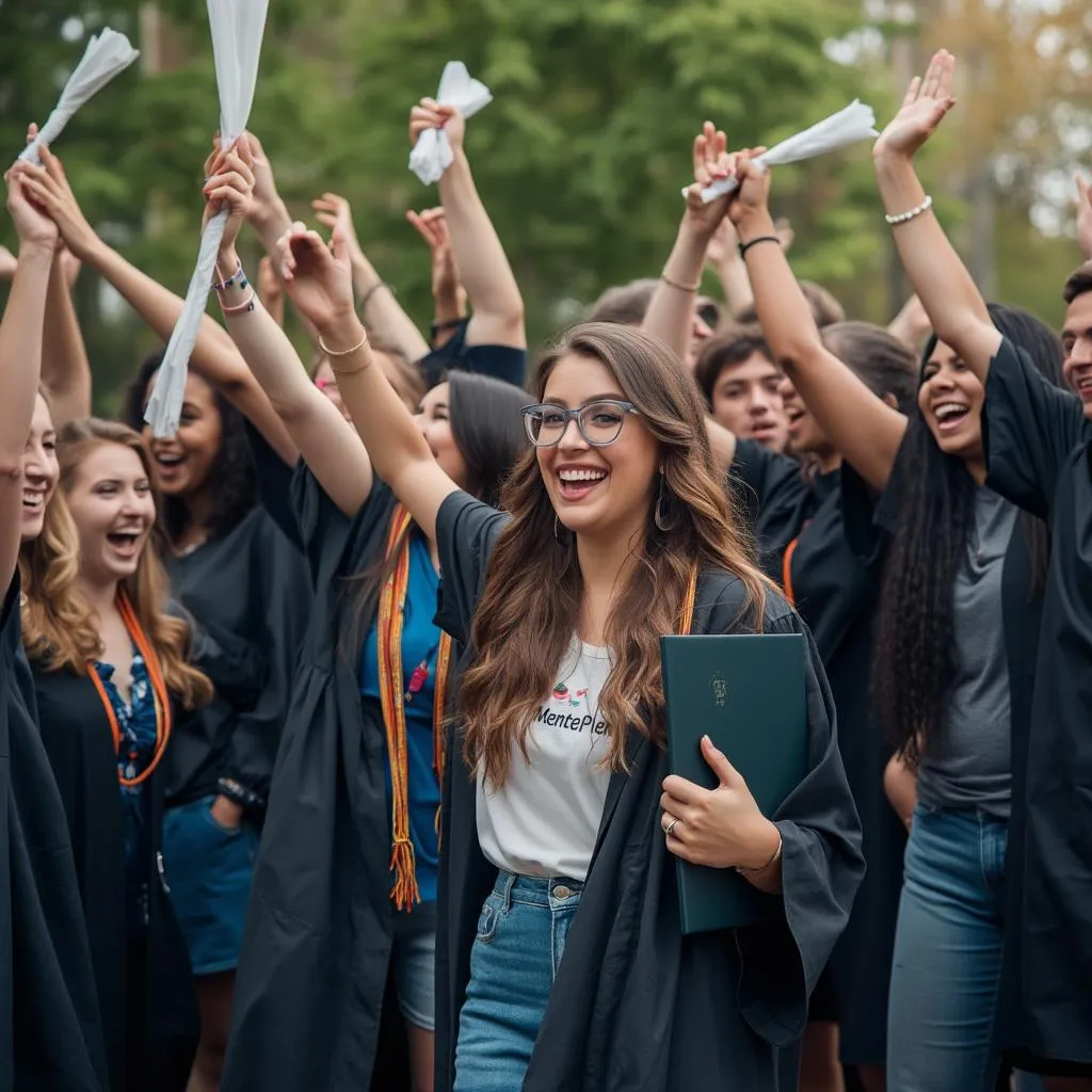 Ceremonia de graduación de un curso de MentePlena, estudiantes felices con diplomas