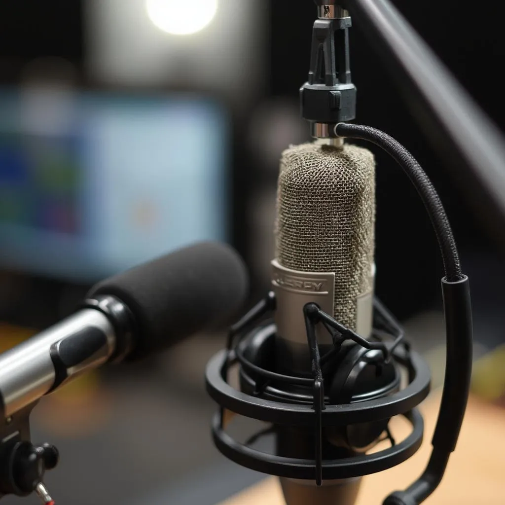 Micrófono de podcast y auriculares, simbolizando una entrevista