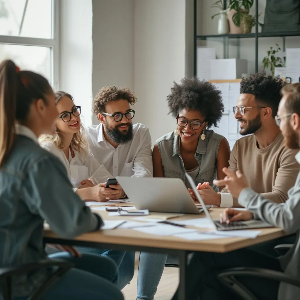 Equipo de psicólogos colaborando en un entorno moderno y luminoso