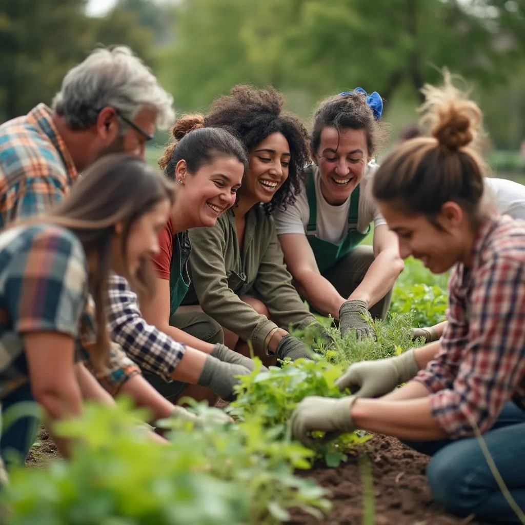 Grupo diverso de personas colaborando en un proyecto comunitario de bienestar