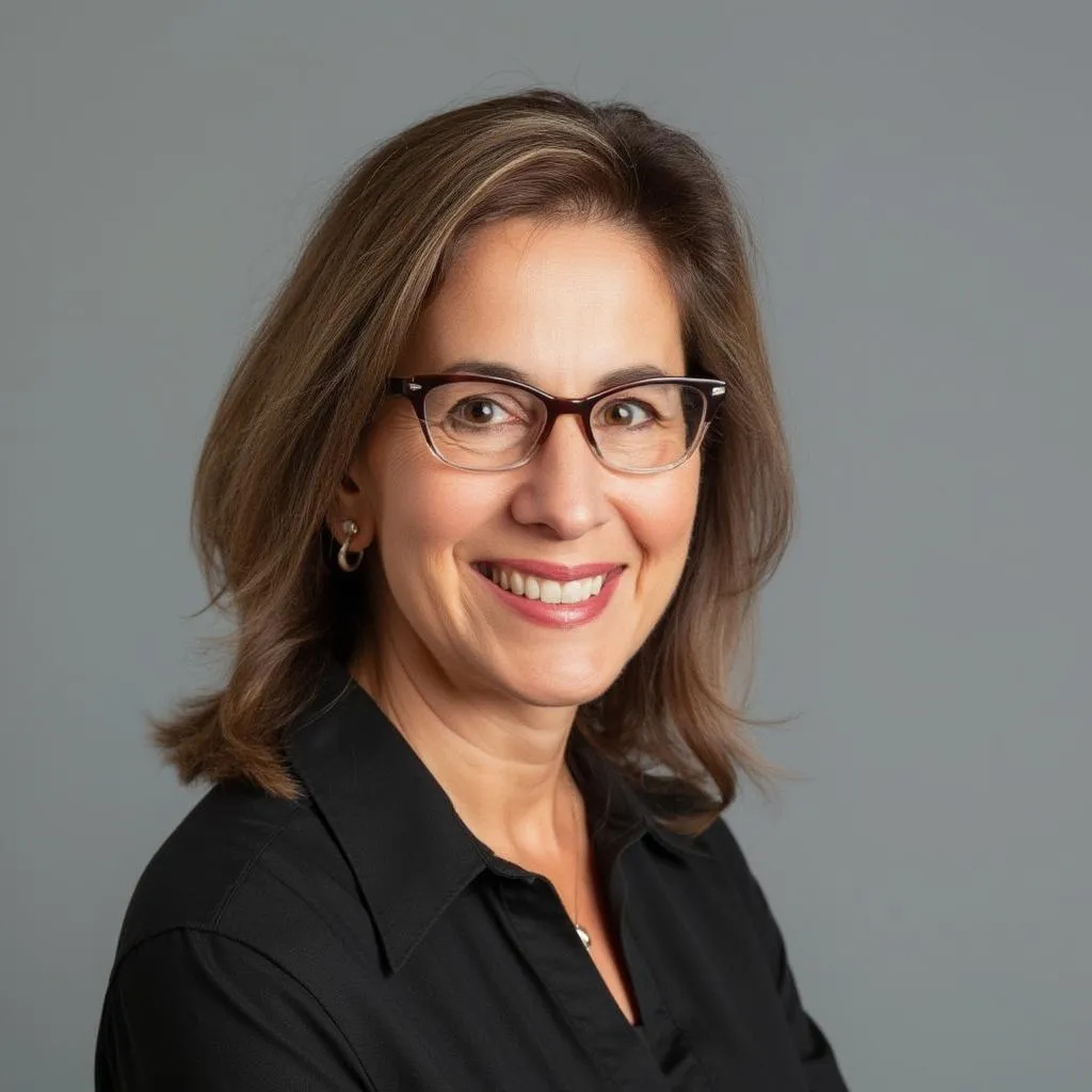 Retrato de Dra. Isabel Torres, psicóloga sonriente con gafas