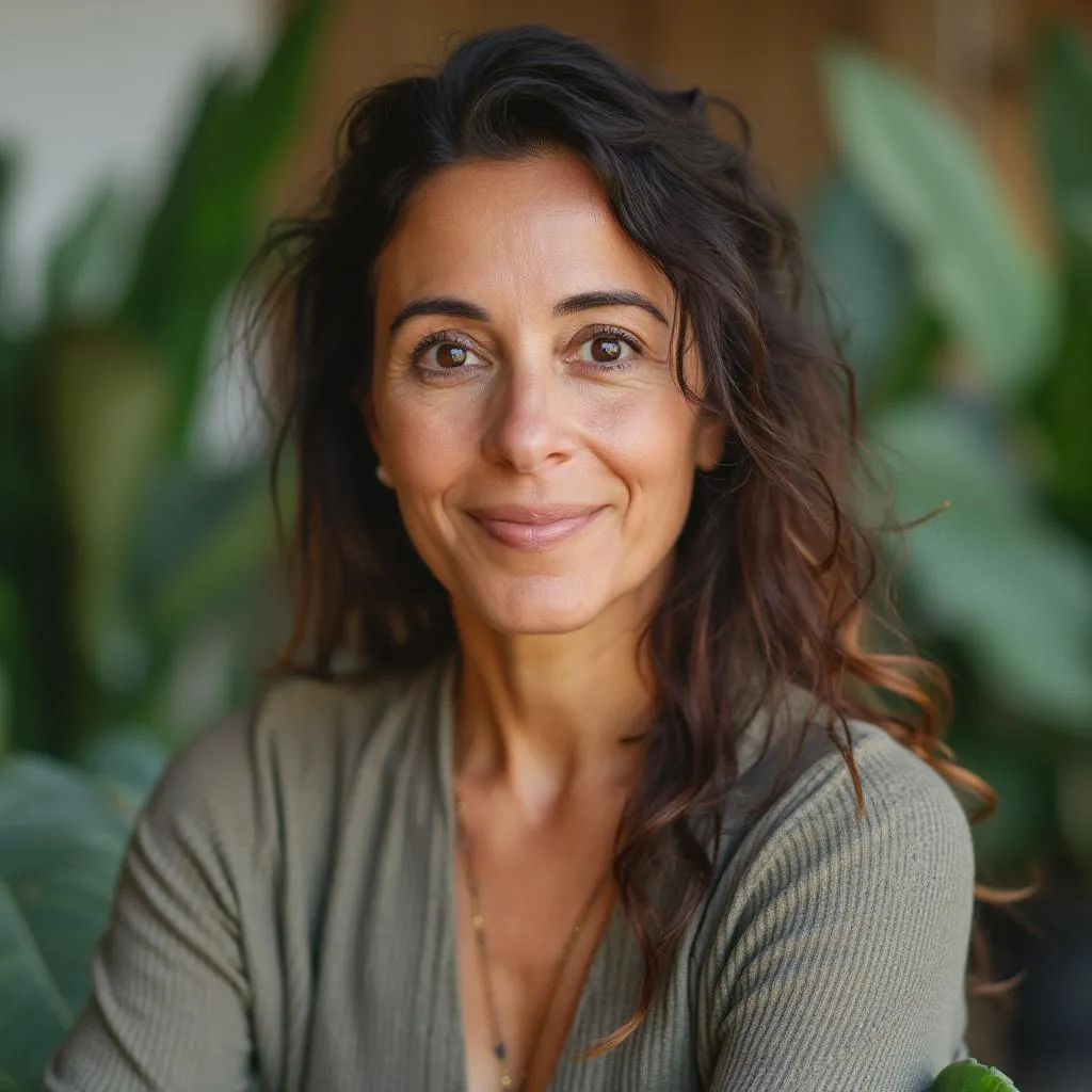 Retrato de Sofía Vargas, especialista en mindfulness, en un entorno sereno