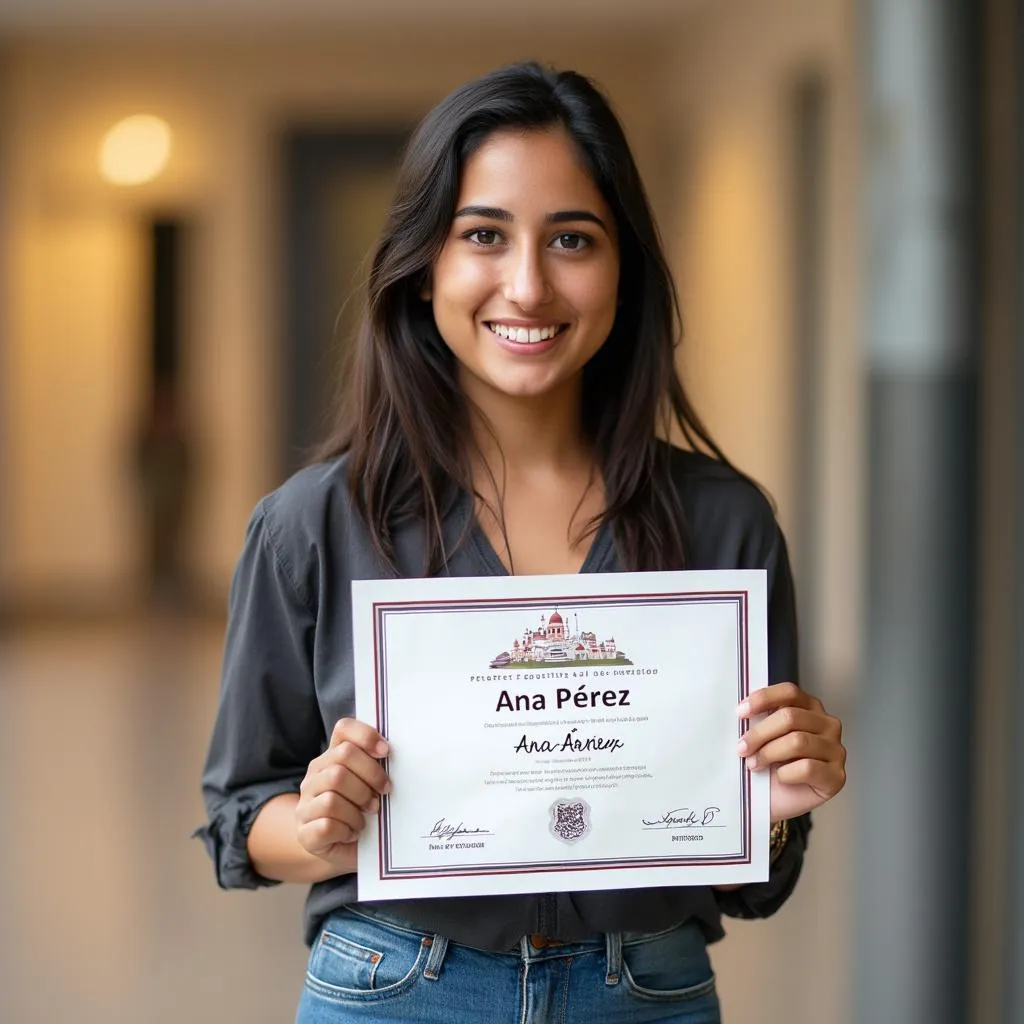 Retrato sonriente de Ana Pérez, estudiante satisfecha